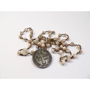 Vintage St Benedict medal and beads, Catholic rosary necklace, 36" length